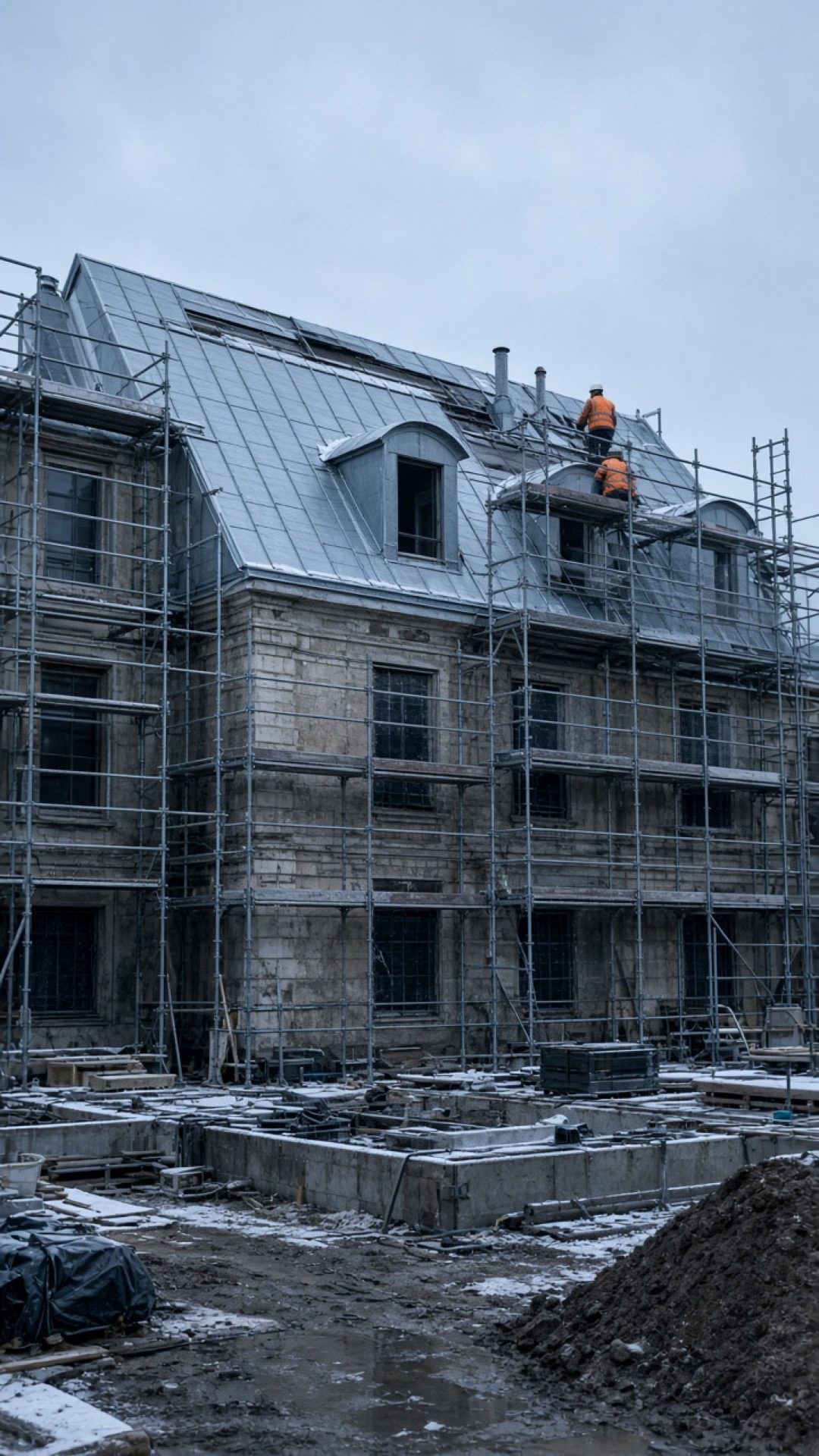 Copertura in lamiera su un cantiere con ponteggi